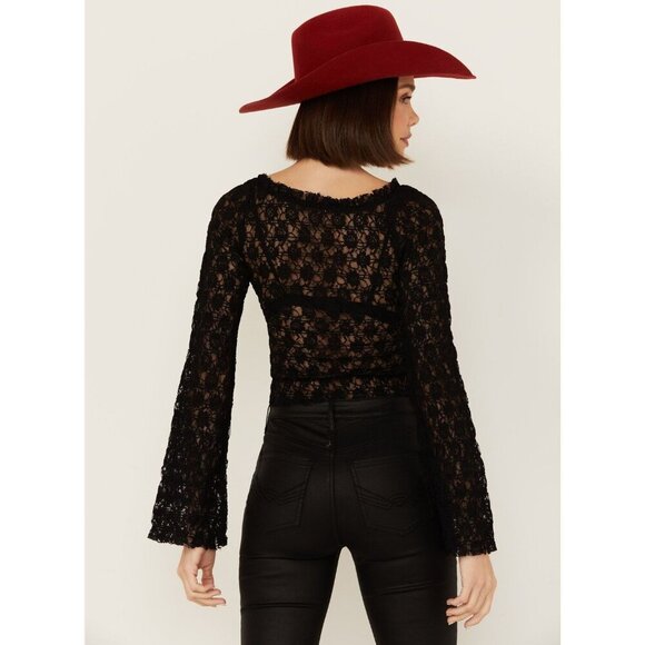 Free People Women's Madison Sheer Long Bell Sleeve Black Cropped Top XS - Picture 3 of 11
